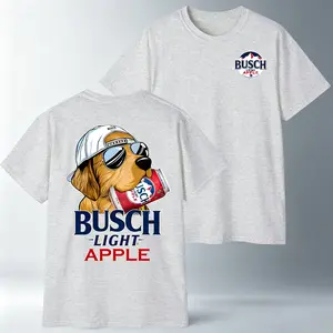 Men's Vintage Busch Graphic T-Shirt - Retro Ash Grey Sports Outdoor Tee with Golden Retriever Puppy in Sunglasses, Funny Beer Gift for Dog Lovers Flag Print Hoodie