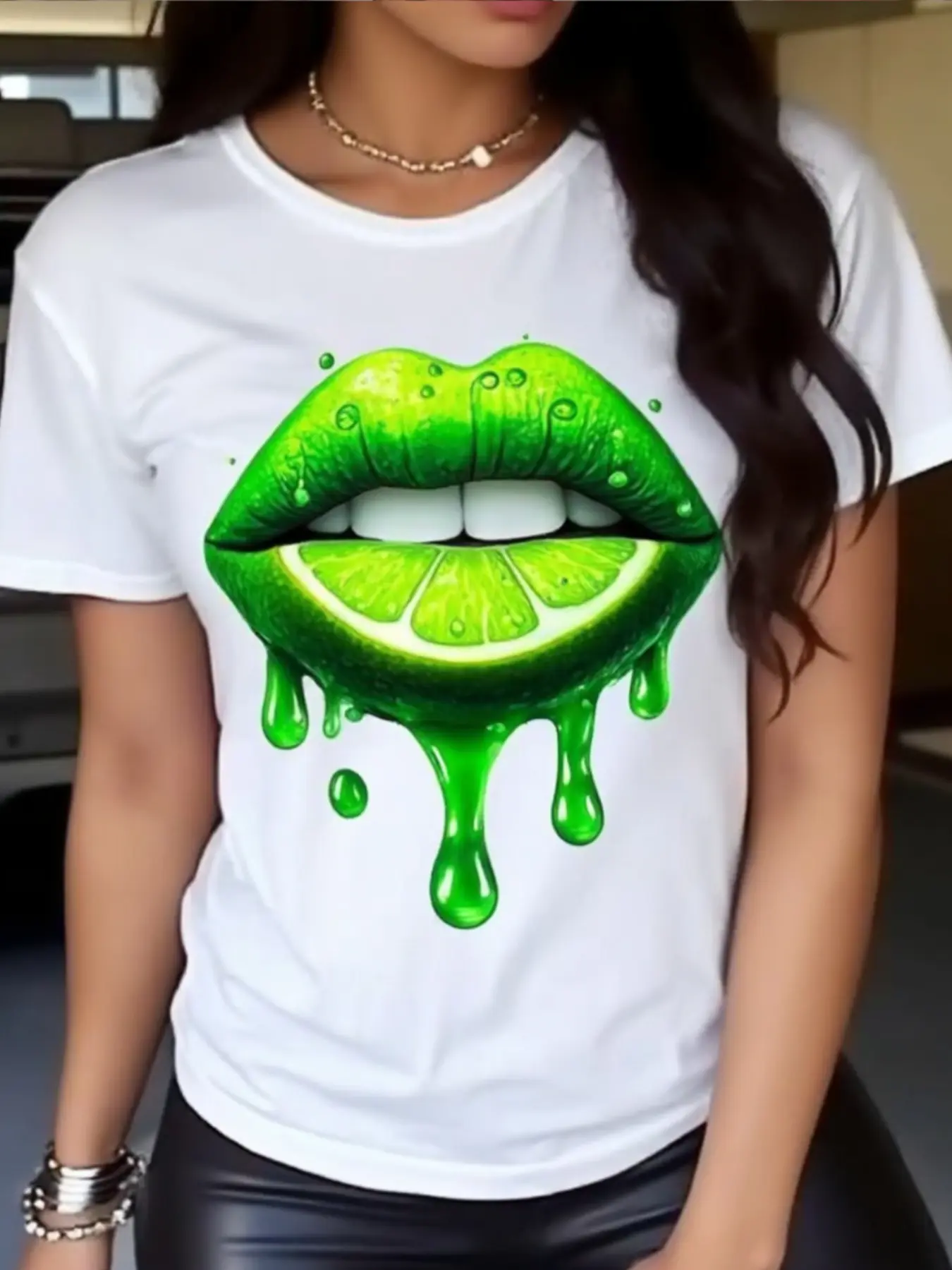 Lime Print with Green Lips. Women's Summer White Crew Neck Tee, Lightweight Casual Short-Sleeve Shirt