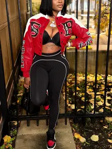 Women's Spring Fall PU Leather Jacket, Slim Fit Short Colorblock Print Patchwork Coat, Casual Fashion Outerwear for Women, Trendy Street Style, Tops