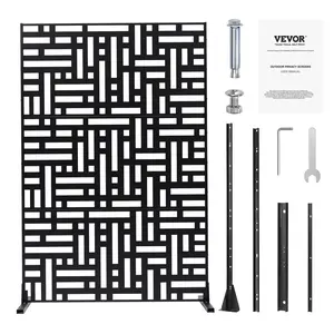 VEVOR Metal Privacy Screen, TikTokShopBlackFriday, 47" H x 76" W, Outdoor Privacy Screens 3-Panel, Freestanding Outdoor Divider with Stand, Decorative Garden Steel Privacy Fence for Balcony Patio Indoor Room Hot Tub Black