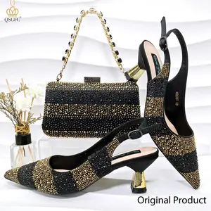 Women’s Italian Design Pumps & Bag Set – Black Gold Shoes for Nigeria Wedding