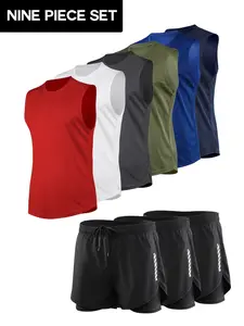 9pcs Men'S Casual Sports Suit, Breathable Quick-drying Undershirt With Drawstring Lining Comfortable Casual Shorts, Spring, Summer And Fall Fitness Activities