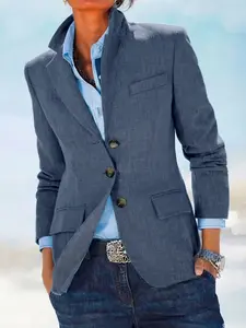 Women's Single Button Casual Blazer with Pockets, 2026 Spring Summer New Arrival, Slim Fit, Office Wear, Versatile Linen Feel Polyester Small Suit