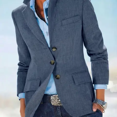 Women's Single Button Casual Blazer with Pockets, 2026 Spring & Summer New Arrival, Slim Fit, Office Wear, Versatile Linen Feel Polyester Fabric Small Suit, Long Sleeve