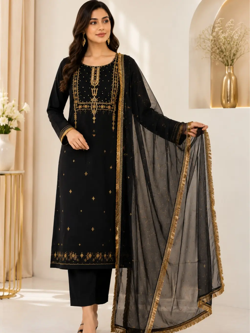 Women's Traditional Black Embroidered 3-Piece Pakistani Suit with Matching Dupatta, Elegant Premium Party Wear Women's Clothes, Small, Embroidery, Lady, Outfits, Party Look, Round Neck, Suit Set, Regular Fit, Kurta Set, Full-Length, Salwar