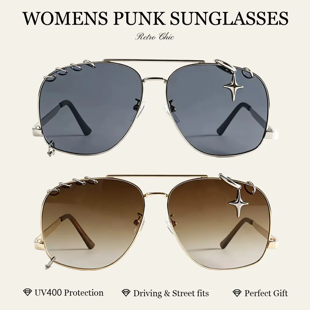 Women's Y2K Gothic Oversized Pierced Star Aviator Sunglasses - Gold/Silver Frame, Charm Accent, Gradient UV400 Lenses