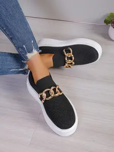 Women's Thick Sole Breathable Casual Shoes, Chain Decor Slip-On Loafers, Comfortable for Daily Commute and Shopping, All-Season Footwear