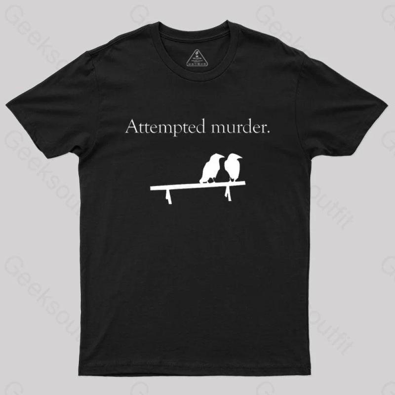 GEEKSOUTFIT Men's Short-Sleeve Round Neck T-Shirt - Horror-Themed Crow Pun Print, Attempted Murder Text, Dark Gag Streetwear Top, Casual Repro-Free Safe Menswear for Humorous Geeks (Horror-Themed Pattern Style)