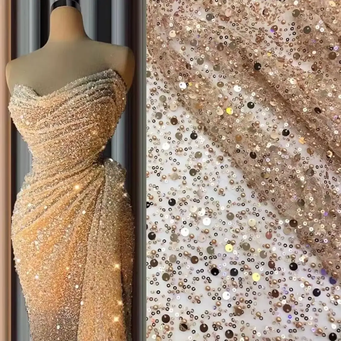 51" Wide Exquisite Heavily Pearl Soft Tulle Mesh Wedding Lace Fabric Embroidered French Sequined Bead Lace Fabrics for Handmade DIY Wedding Evening Dress Bridal Veil (Champagne, 3 Yard pre Cut)