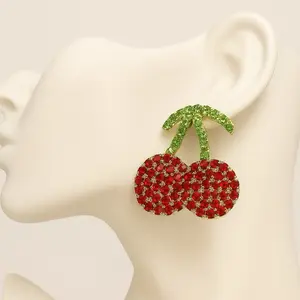 Rhinestone Cherry Stem Earrings - Unisex Sparkly Cherry Martini Design with Rhinestones for Classic Elegant Look