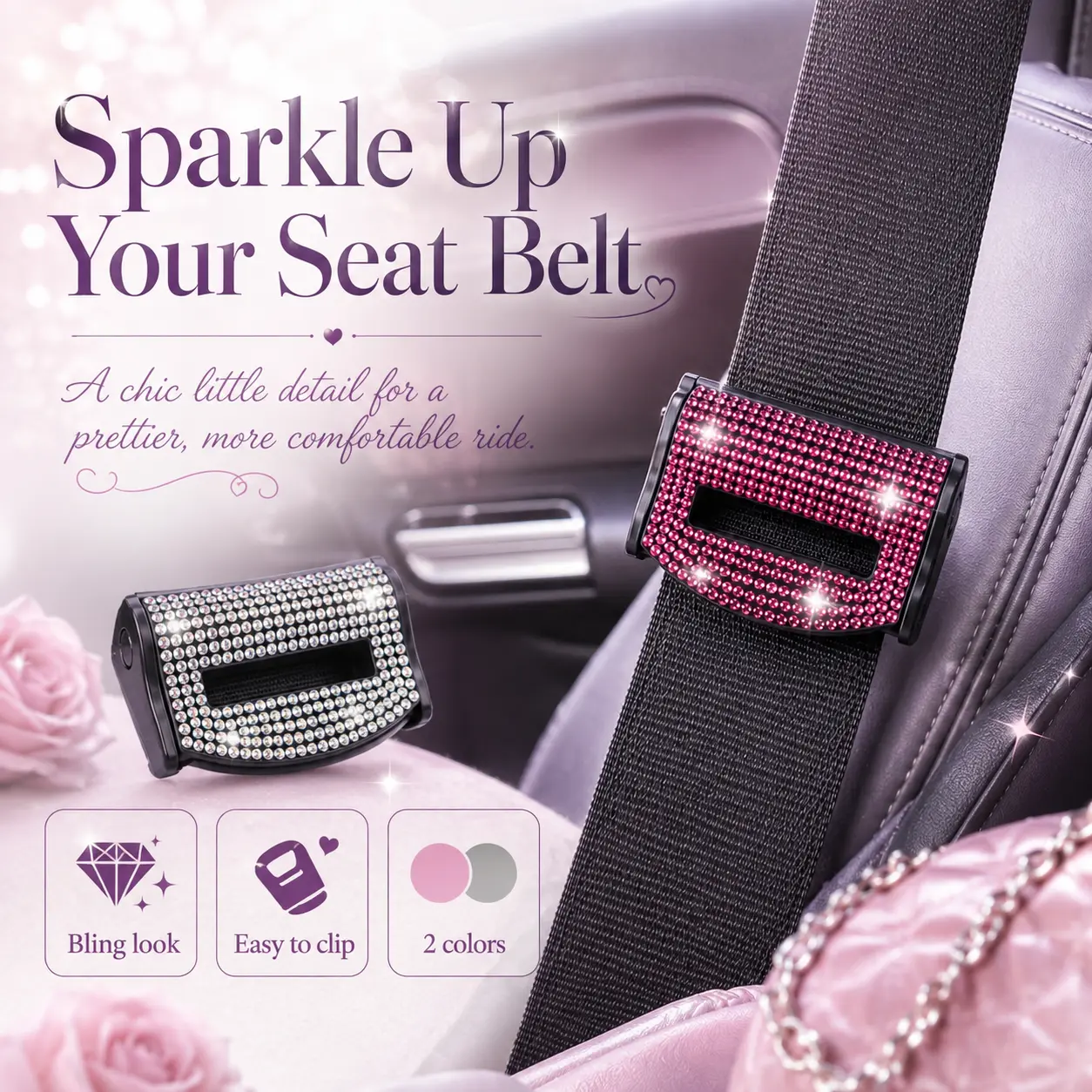 Pink Rhinestone Car Seat Belt Clip Adjuster, Sparkly Crystal Seatbelt Locking Clip Stopper for Relaxed Driving, Aesthetic Interior Car Accessories