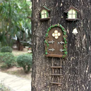 4pcs Fairy Door Goblin House Set, Forest Tree Hanging Decor, Garden Statue Kit, Wall Mounted Fantasy Ornaments, Outdoor Courtyard Decor, Exterior Decorative Statues, Garden Sculptures