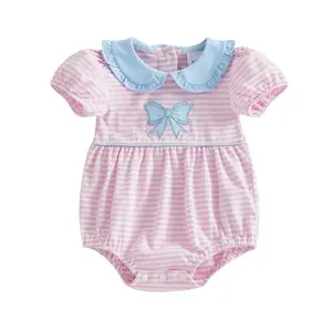 [Yomi Kids] Baby Girl Summer Striped Romper Short Sleeve Doll Collar Bow Embroidery Sweet Jumpsuit