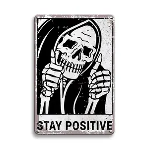 Stay Positive Skeleton Hand Pattern Metal Sign, Signage, Round Vintage Wall Art Decor, Inspirational Wall Decor for Home Cafe & Office, Halloween