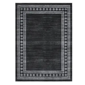 6 x 9 ft Polyester Black Rectangular Living Room Bedroom Dining Room Office Geometric Bordered Print Modern Machine Washable Area Rug-B
