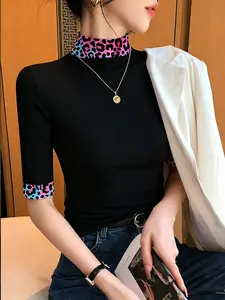 Y2K Style Leopard Print Half Neck T-Shirt, Elastic Slim Fit, Casual Fashion, Medium Sleeves, Perfect for Daily Wear