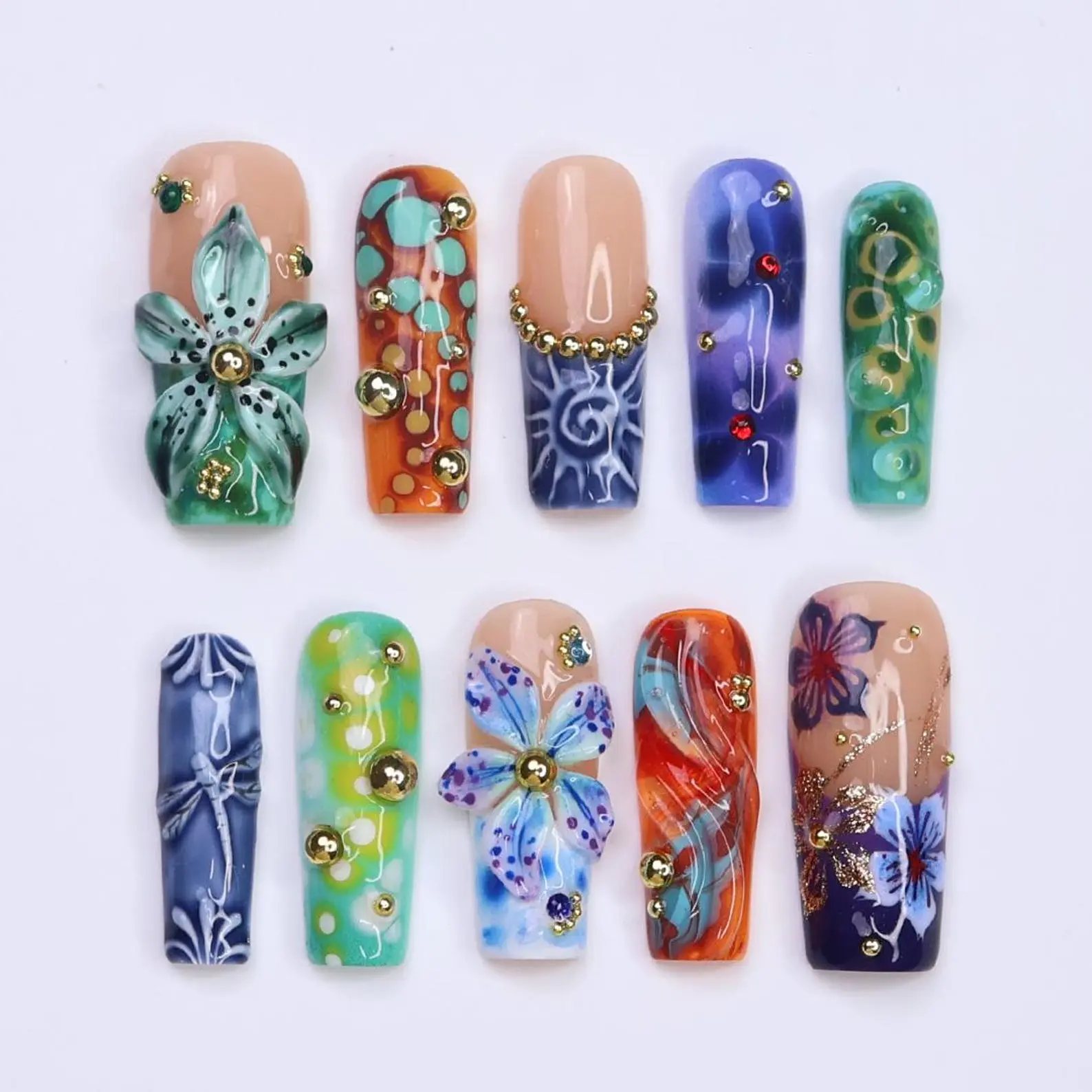 Summer 3D Floral Press on Nails, 3D Midnight Blue Nail Art, Handmade Press 0ns for Holiday, Vacation, Birthday