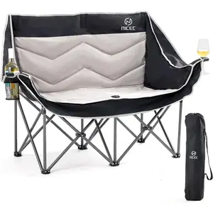 Double Camping Chair, Oversized Camping Loveseat, Padded Folding Loveseat, Camping Couch, Portable Camp Chair with Wine Glass Holder, Carry Bag for Lawn, Beach, Camping (Black)