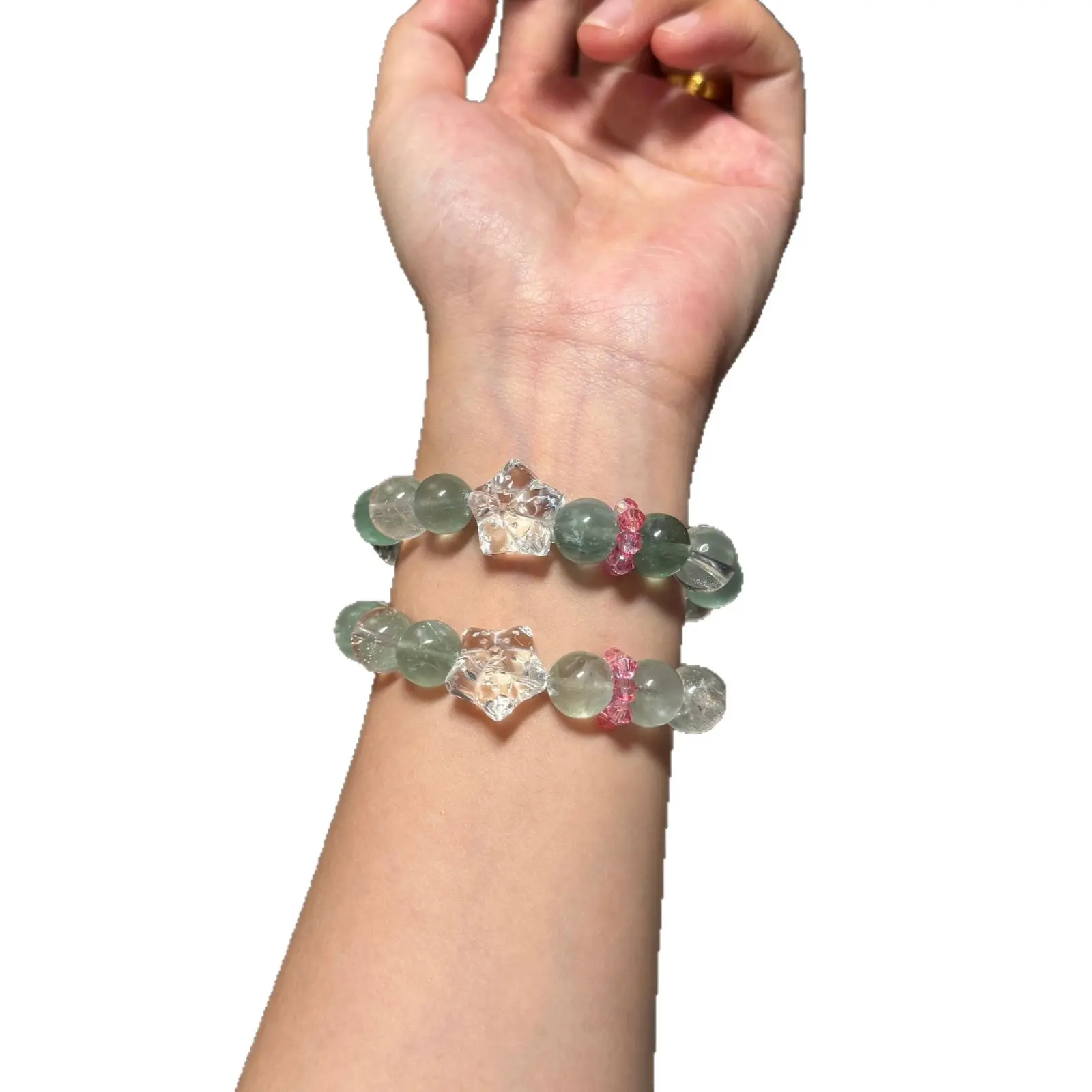 Natural Original Mint Green Fluorite White Crystal Star Bracelet Summer Accessory Clear Dew Ice Transparent Hand String Gift for Women