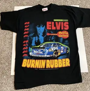Vintage NASCAR Elvis + Rusty Wallace Hunka Hunka Burnin Rubber Shirt For Fans