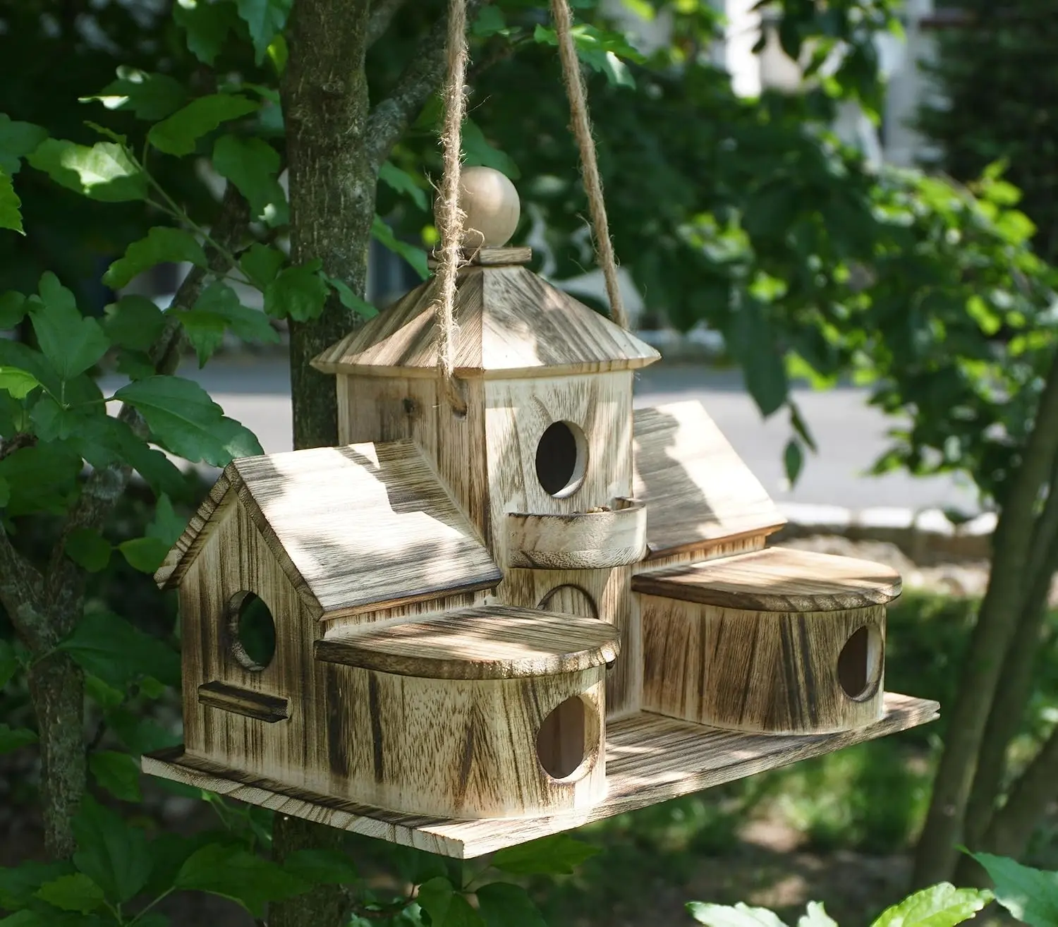 2in1 Bird House & Feeder, Large for Outside, 6 Hole for Outdoors, Wooden Hanging, Blue, Decorative & Functional Gift