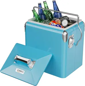 VINGLI 14qt Small Cooler Ice Chest, Beach Cooler, Insulated Portable Cooler, Retro Vintage Classic Style Hard Metal Cooler for Barbeques, Camping, Fishing and Picnics