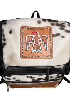 Western Pink and Blue Tooled Free Bird Cowhide Backpack – Black Leather Western Bag