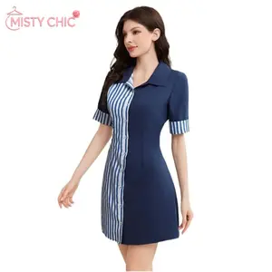 MISTY CHIC Patchwork Striped Shirt Dress with Collared Neckline and Cuffed Sleeves, Preppy Office Style, Great for Work, Brunch Dates and Everyday OOTDs That Feel Chic and Versatile Always