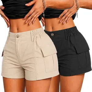Women's 2-Pack High-Waisted Elastic Polyester Cargo Shorts - Minimalist Garment, Multiple Pockets, Slimming Fit, Smooth Flat Bottom, Button Accents - Ideal for Beach, Crop Top Pairing