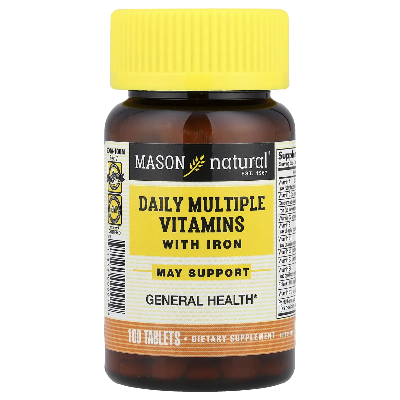 Mason Natural Daily Multiple Vitamins with Iron, 100 Tablets