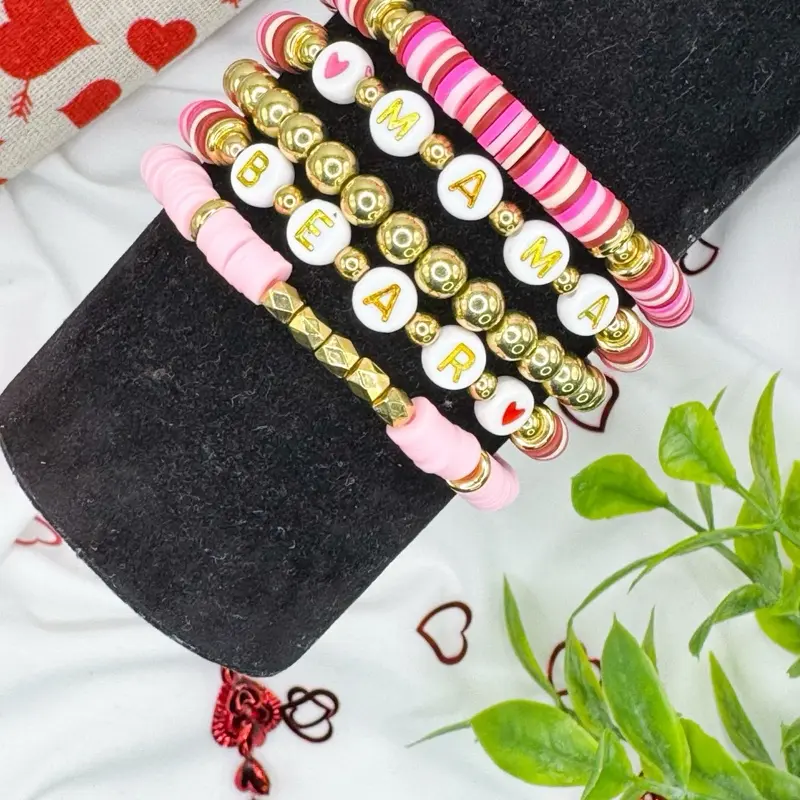 Mama Bear Custom Name Clay Bracelets Pink & Gold Beads Personalized Jewelry Gift for Mom