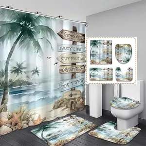 Creative Beach Theme Bathroom Decor Set, Includes Shower Curtain, Bath Mat, Toilet Seat Cover, Waterproof, 12 Hooks, Christmas Gift, Shower Curtain Sets