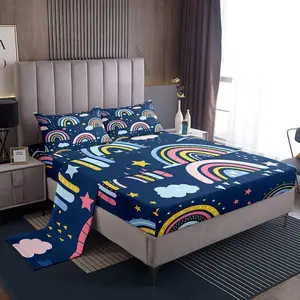 Feelyou Rainbow Bedsheet Sets - Navy Blue Bedding with Cartoon Clouds, Stars, Multi-Size, Easy-Care, Lightweight, Breathable Girly Home Decor