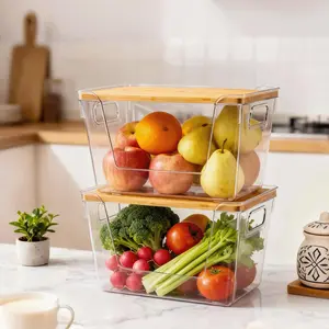 2 Set Pantry Organizers with Bamboo Lids, Stackable Clear Bins for Onion Potato Fruit Vegetables, Fruit and Vegetable Organizer, Kitchen & Fridge Organizer, Multipurpose Storage, Pantry Organization