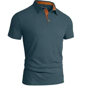 Men's Slim-Fit Chic Textured Polo Shirt - Short Sleeve, Thin Plain Polyester Fabric, Menswear Everyday Essential Casual Top