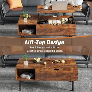“Lift-Top Coffee Table with Storage – Small Wooden Center Table for Living Room with Hidden Compartment & Shelf, Brown”