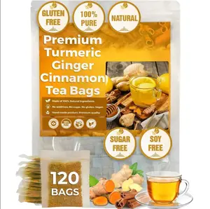 Turmeric Ginger Cinnamon 60/120 Tea Bags - Sugar Free, Caffeine Free, Gluten Free, Vegan 100% Natural Eco Friendly Tea Bags Herbal Anti Inflammatory Body Tea Wellness Tea Beverage loaded tea