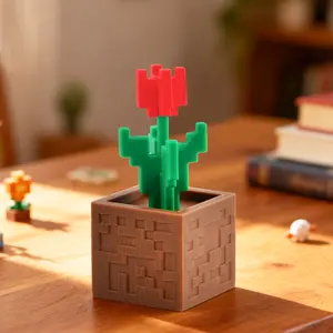 Pixel Rose Flower Decoration Ornament, Cute Desktop Decoration, Durable Plastic No Power Needed, Bedroom Desktop Bedside Office Desk Universal Decor Gift