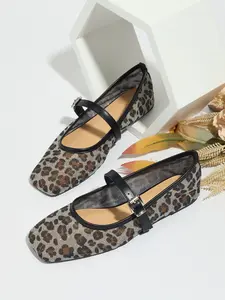 Women's Leopard Print Slip-On Netted Ballet Flats, Breathable Mesh Square Toe Mary Jane Shoes, Lightweight Comfortable Casual Sandals
