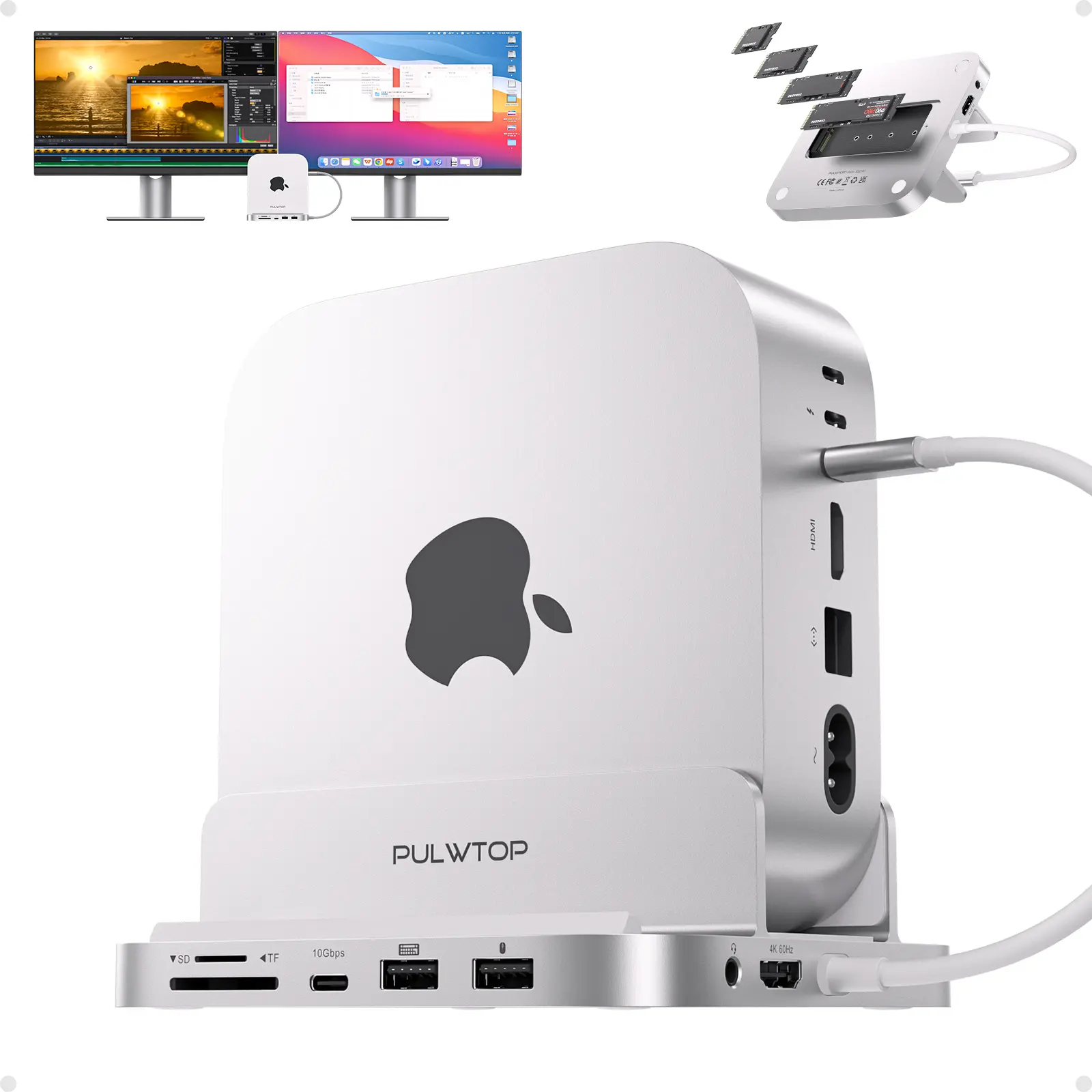 PULWTOP Mac Mini M4/M4 Pro/M5 Pro/M6 Dock& Stand（9-in-1, M.2 SSD case, HDMI 4K, 10Gbps）, Aluminum