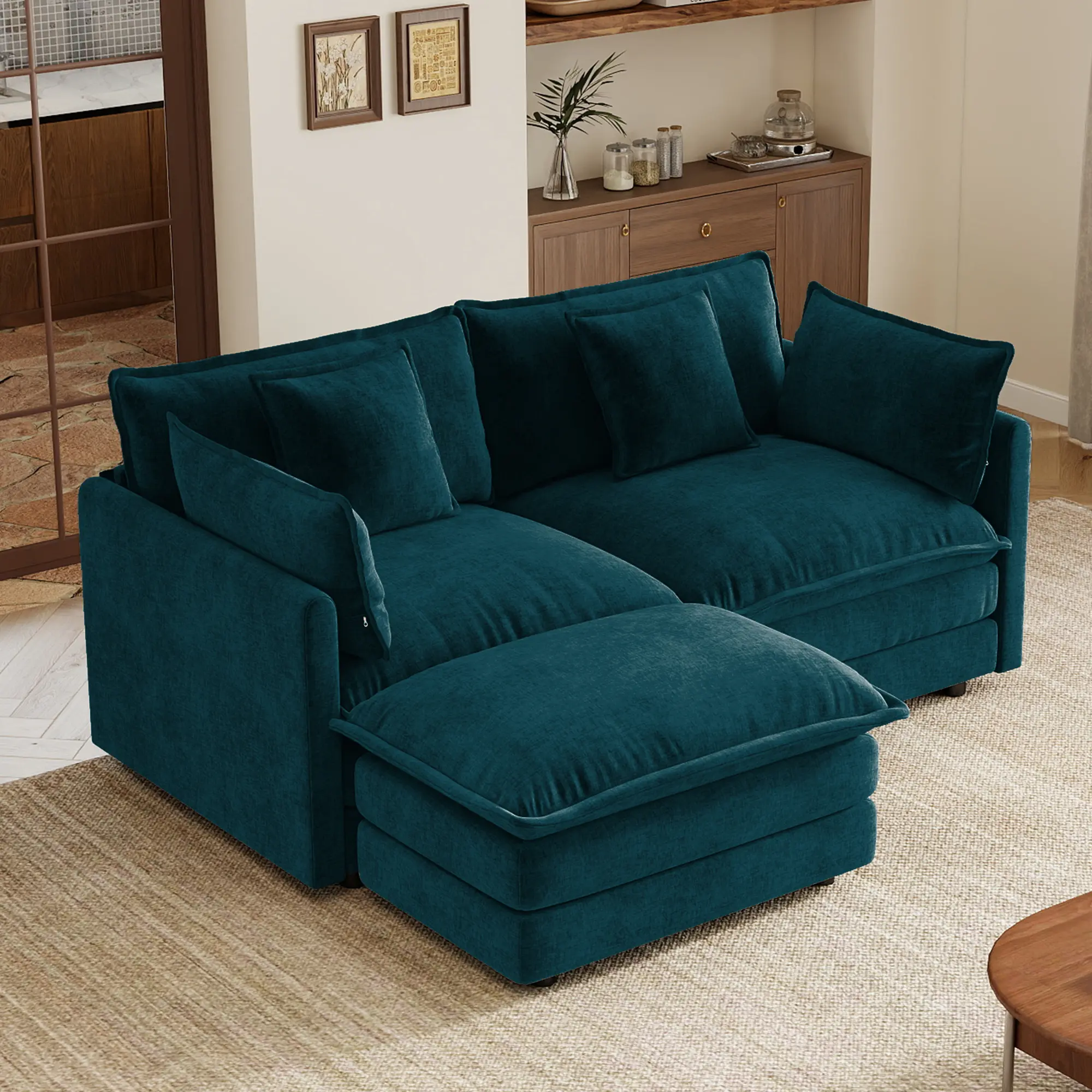 L-Shaped 2-Seater Sofa with Ottoman, Blue Chenille Modular Couch with 2 Armrest Pillows & 2 Toss Pillows, Solid Wood Frame, Easy Assembly, for Small Living Spaces, Apartment, Home Theater, Family Room