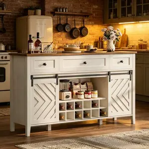 LH-59'' Modern Freestanding Cabinet with Open Shelves for Home Office and Living Room Furniture Storage Cabinet with 3 Drawer, Removable Wine Rack, Farmhouse Sideboard with Adjustable Shelf for Kitchen, Rustic Vintage