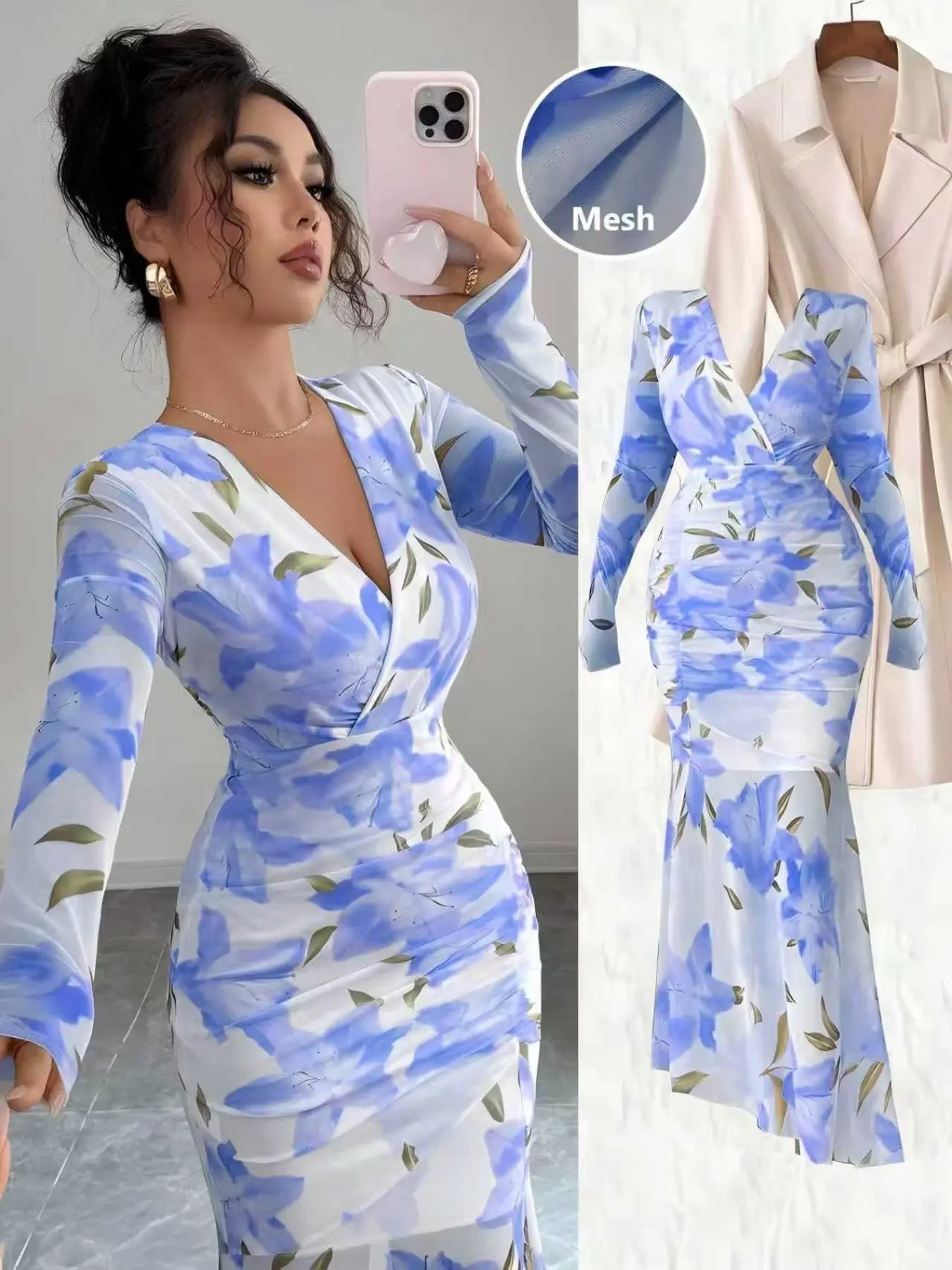 Elegant Floral Print Mesh Dress, Floral Pattern Dress, Sexy V-Neck Ruched Waist Tail Hem, Long Sleeve Tight Fit, New Fashion Women's Clothing