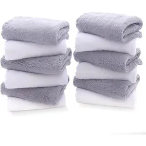 12 Pack Premium Washcloths Set - Quick Drying Soft Microfiber Coral Velvet Highly Absorbent Wash Clothes - Multipurpose Use for Bath, Spa, Facial, Fingertip Towel (Grey and White)