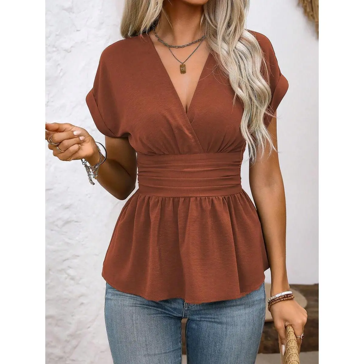 Women's V-Neck Peplum Blouse in a Solid Polyester Woven Fabric, Casual Batwing Cap Sleeve with Ruched Flared Hem, Fit