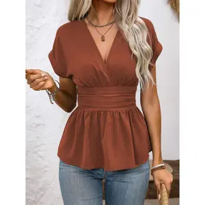 Women's Solid Color V-Neck Simple Daily Short Sleeve Shirt Peplum Top