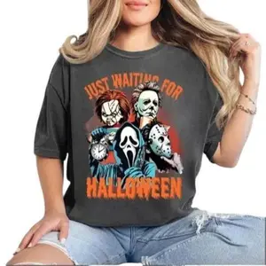 Retro Horror Characters Halloween T-shirt, Spooky Season Shirt, Halloween Shirt, Top, Streetwear, Round Neck, Shortsleeve, Menswear, women's shirt, Trending Clothes, High Quality, Sport, Gift For Fan, Street Style, Many Colors Size S To XL, tiktokshop