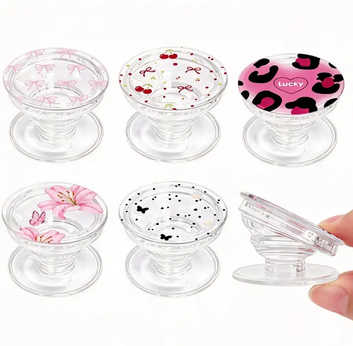 Lucky Pink Leopard Print Airbag Phone Holder, Foldable Lazy Phone Grip, Transparent Retractable Desktop Stand, Cute Pattern Accessory for Phone & Tablet