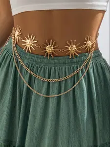 Women's Vintage Elegant Bohemian Vacation Style Metal Sunflower Chain Fringe Charm Waist Belt, Fashion Accessory for Women