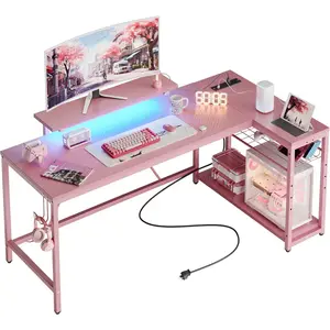L Shaped Gaming Desk with Power Outlets,58 LED Small Corner Desk with Reversible Storage Shelves,Pink Computer Desk with Headset Hooks Desk for Living Room and Dormitory